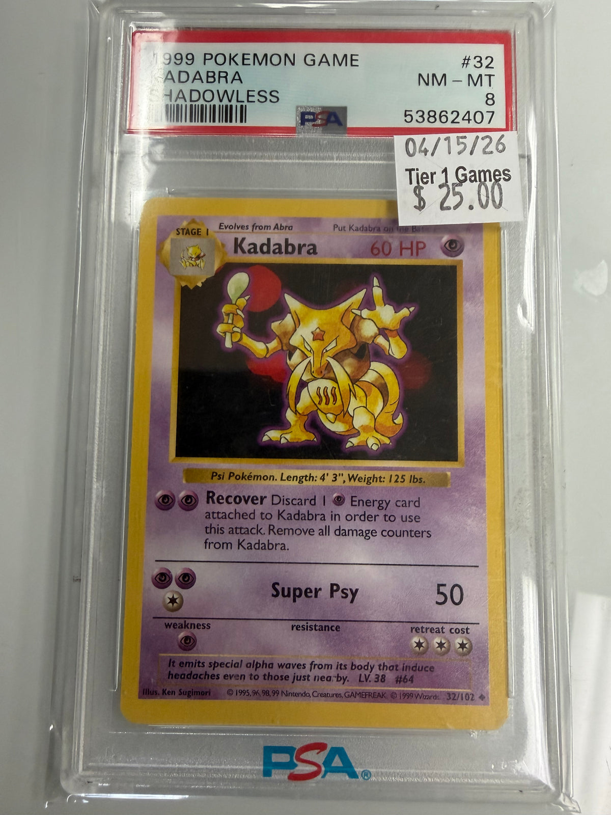 KADABRA SHADOWLESS 1999 POKEMON GAME PSA NM-MT 8