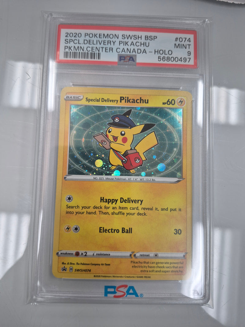SPCL.DELIVERY PIKACHU PKMN.CENTER CANADA-HOLO 2020 POKEMON SWSH BLACK STAR PROMO PSA MINT 9