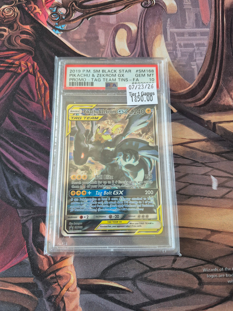 PIKACHU & ZEKROM GX PROMO-TAG TEAM TINS-FA 2019 POKEMON SM BLACK STAR PROMO PSA GEM MT 10