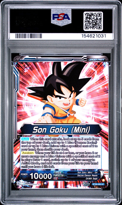 SS Son Goku (Mini), New Adventure Special Leader Rare 2025 DRAGON BALL SUPER CARD GAME MASTERS SERIES 28 PRISMATIC CLASH PSA 10