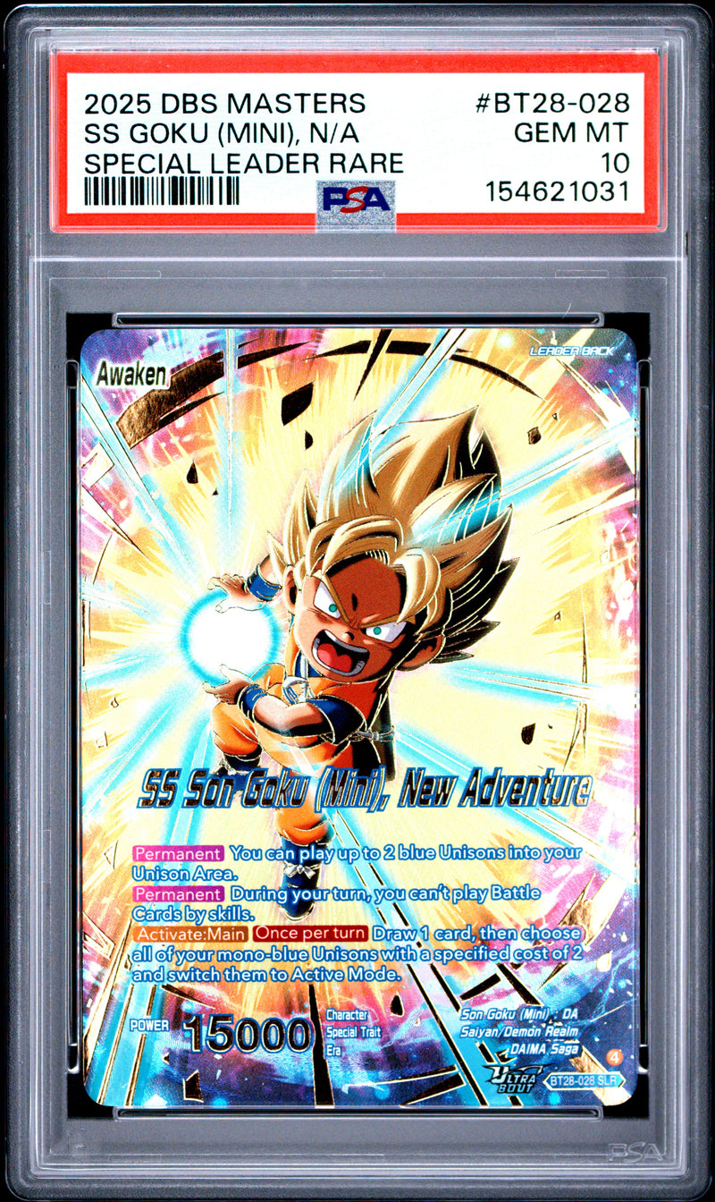 SS Son Goku (Mini), New Adventure Special Leader Rare 2025 DRAGON BALL SUPER CARD GAME MASTERS SERIES 28 PRISMATIC CLASH PSA 10