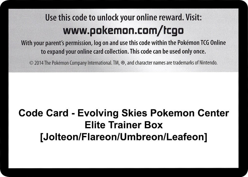 Image for Code Card - Evolving Skies Pokemon Center Elite Trainer Box [Jolteon/Flareon/Umbreon/Leafeon] (SWSH07) - Pokemon