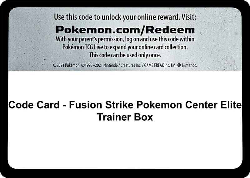 Image for Code Card - Fusion Strike Pokemon Center Elite Trainer Box (SWSH08) - Pokemon