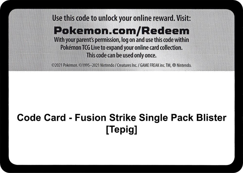 Image for Code Card - Fusion Strike Single Pack Blister [Tepig] (SWSH08) - Pokemon