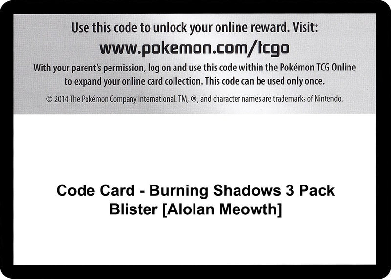 Image for Code Card - Burning Shadows 3 Pack Blister [Alolan Meowth] (SM03) - Pokemon