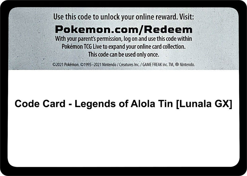 Image for Code Card - Legends of Alola Tin [Lunala GX] (SM01) - Pokemon