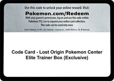 Code Card - Lost Origin Pokemon Center Elite Trainer Box (Exclusive) (SWSH11)