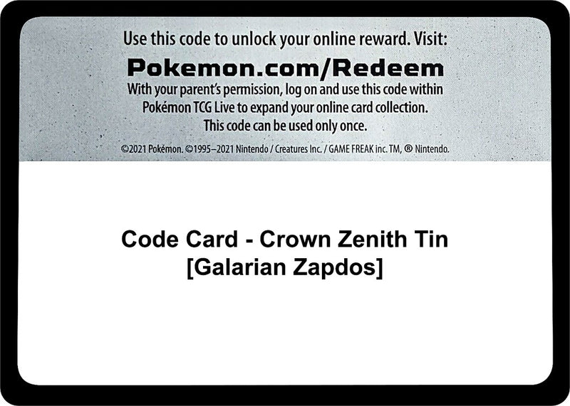 Image for Code Card - Crown Zenith Tin [Galarian Zapdos] (CRZ) - Pokemon