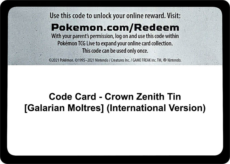 Image for Code Card - Crown Zenith Tin [Galarian Moltres] (International Version) (CRZ) - Pokemon