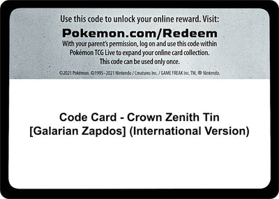 Code Card - Crown Zenith Tin [Galarian Zapdos] (International Version) (CRZ)