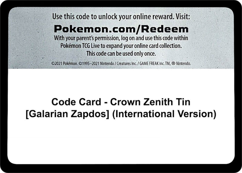 Image for Code Card - Crown Zenith Tin [Galarian Zapdos] (International Version) (CRZ) - Pokemon