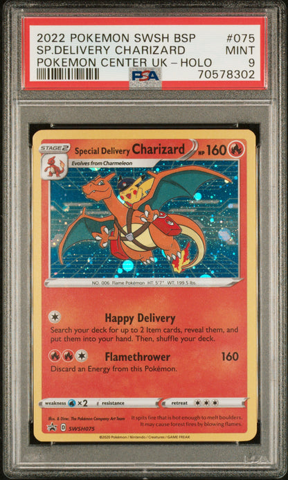 SP.DELIVERY CHARIZARD POKEMON CENTER UK-HOLO 2022 POKEMON SWSH BLACK STAR PROMO PSA MINT 9