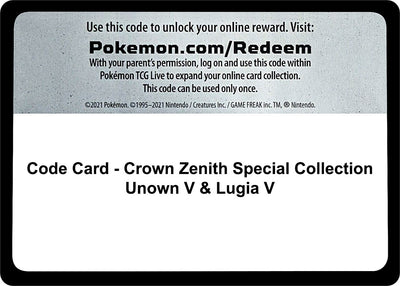 Code Card - Crown Zenith Special Collection [Unown V & Lugia V] (CRZ)