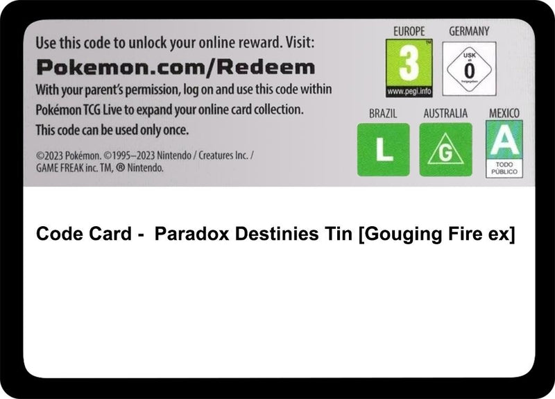 Image for Code Card - Paradox Destinies Tin [Gouging Fire ex] (MCAP) - Pokemon
