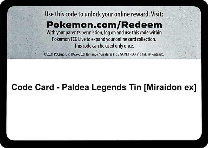 Image for Code Card - Paldea Legends Tin [Miraidon ex] (MCAP) - Pokemon