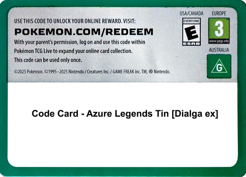 Image for Code Card - Azure Legends Tin [Dialga ex] (MCAP) - Pokemon