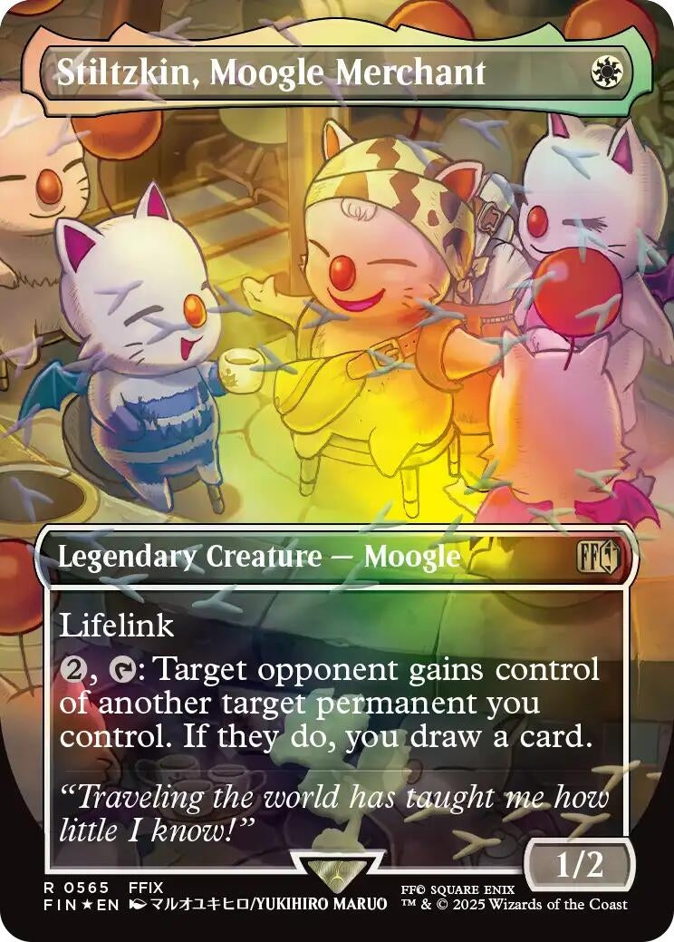 Image for Stiltzkin, Moogle Merchant (Borderless) (Chocobo Track Foil) (565) (FIN) - Magic: The Gathering