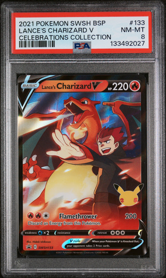 LANCE'S CHARIZARD V CELEBRATIONS COLLECTION 2021 POKEMON SWSH BLACK STAR PROMO PSA NM-MT 8