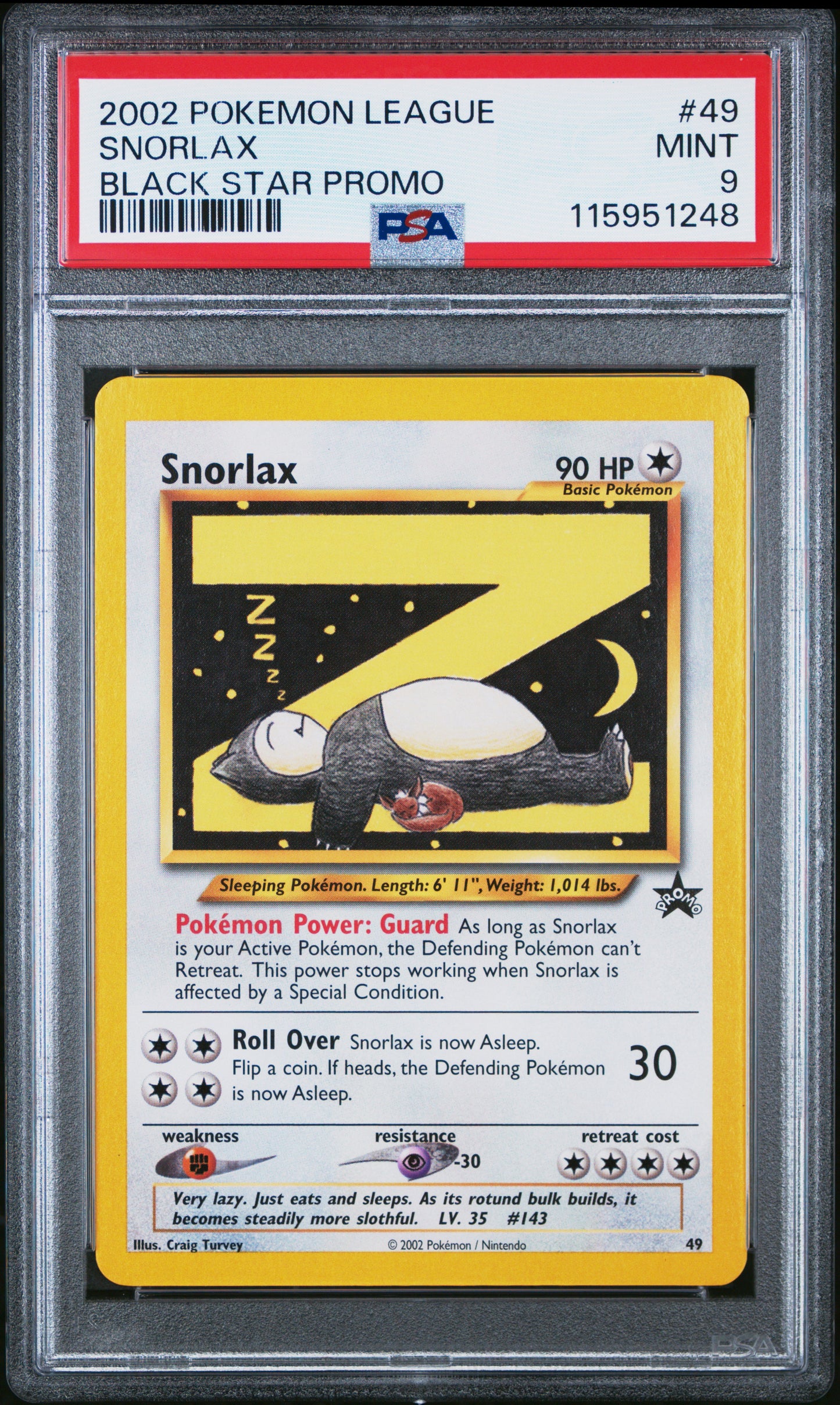 SNORLAX BLACK STAR PROMO 2002 POKEMON LEAGUE PROMO BLACK STAR PSA MINT 9