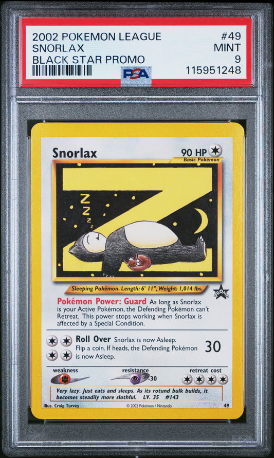 SNORLAX BLACK STAR PROMO 2002 POKEMON LEAGUE PROMO BLACK STAR PSA MINT 9