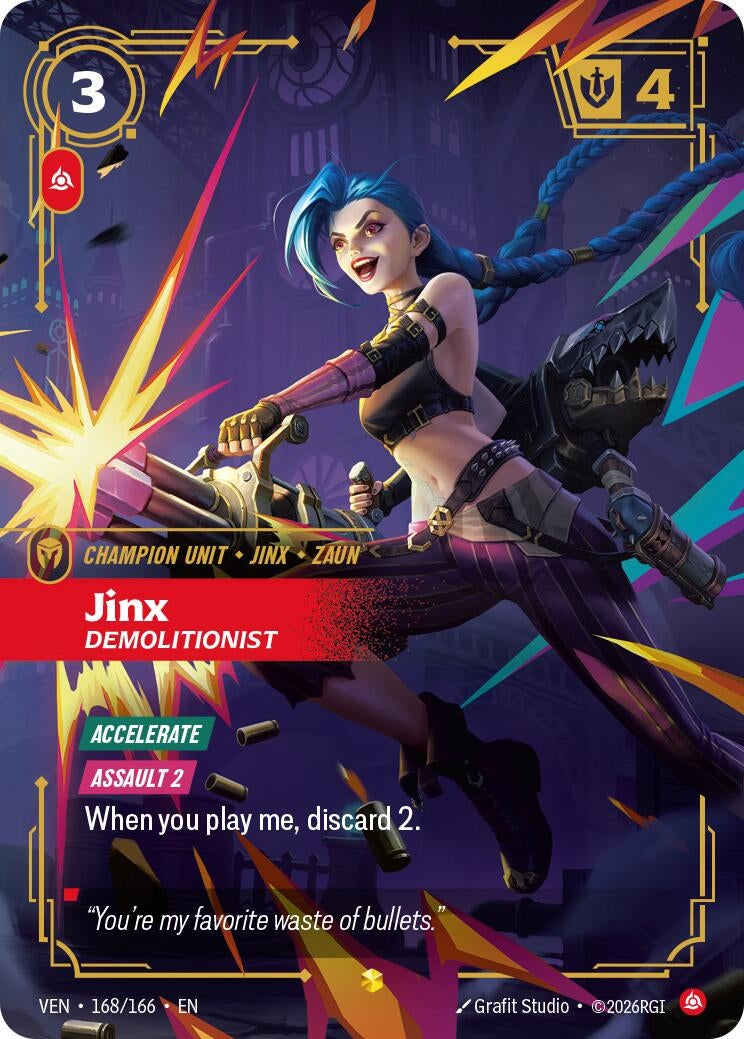 Image for Jinx, Demolitionist (Overnumbered) (168/166) (VEN) - Riftbound: League of Legends Trading Card Game