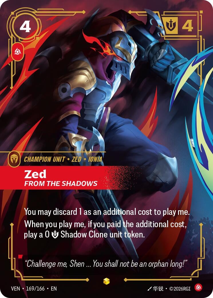 Image for Zed, From the Shadows (Overnumbered) (169/166) (VEN) - Riftbound: League of Legends Trading Card Game