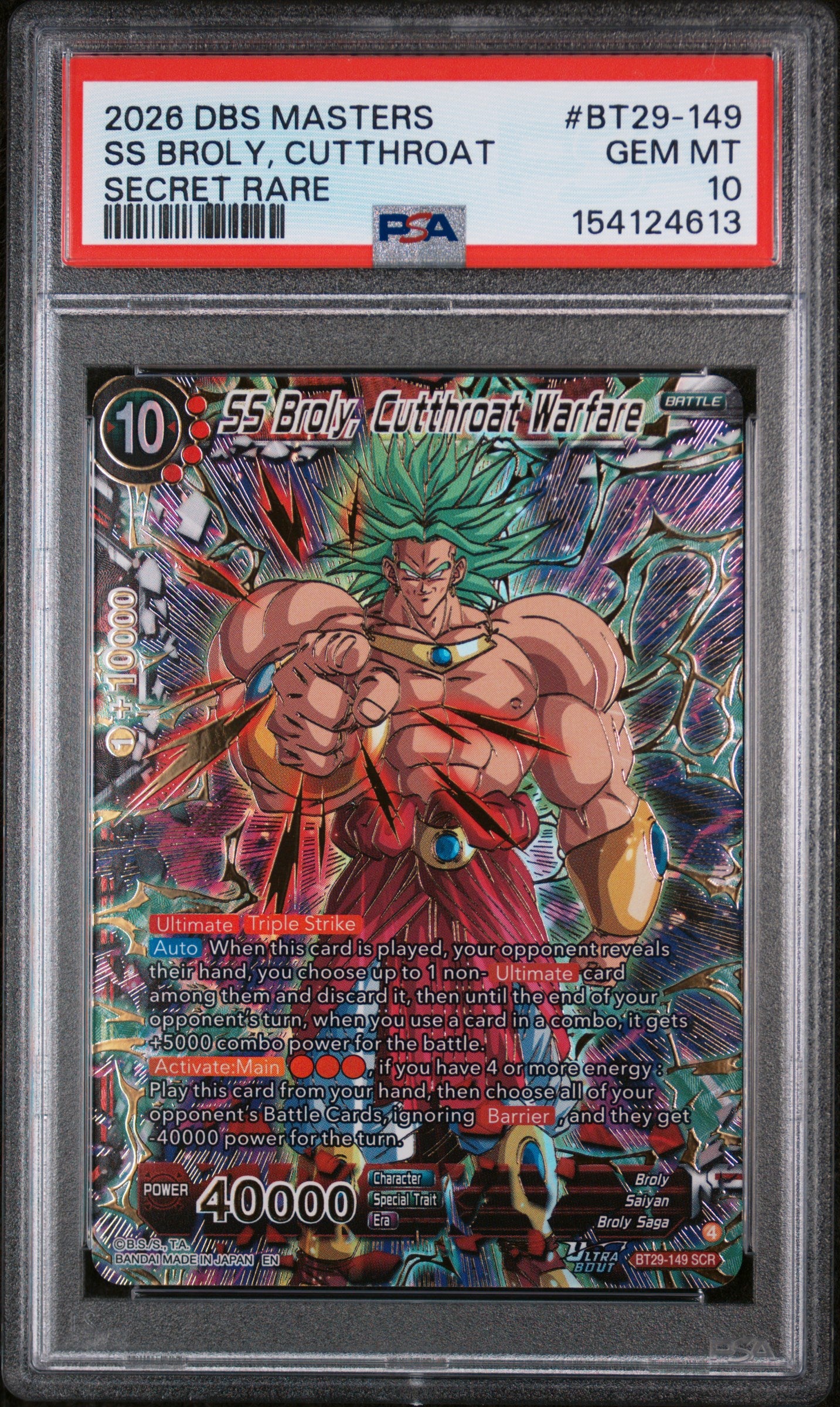 SS BROLY, CUTTHROAT SECRET RARE 2026 DRAGON BALL SUPER CARD GAME MASTERS SERIES 29 FEARSOME RIVALS PSA GEM MT 10