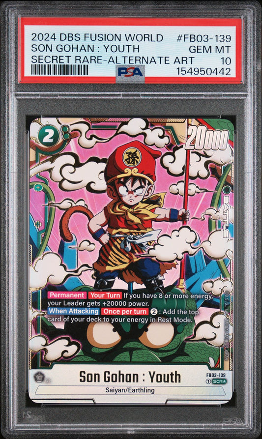 SON GOHAN: YOUTH SECRET RARE-ALTERNATE ART 2024 DRAGON BALL SUPER CARD GAME FUSION WORLD RAGING ROAR PSA GEM MT 10
