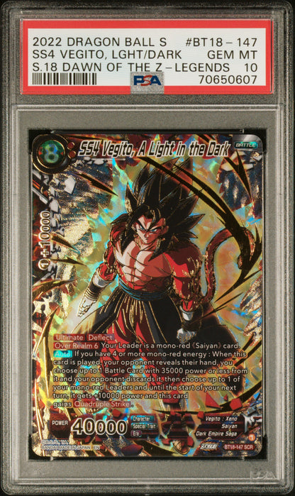 SS4 VEGITO, LGHT/DARK SECRET RARE 2022 DRAGON BALL SUPER CARD GAME SERIES 18 DAWN OF THE Z-LEGENDS PSA GEM MT 10