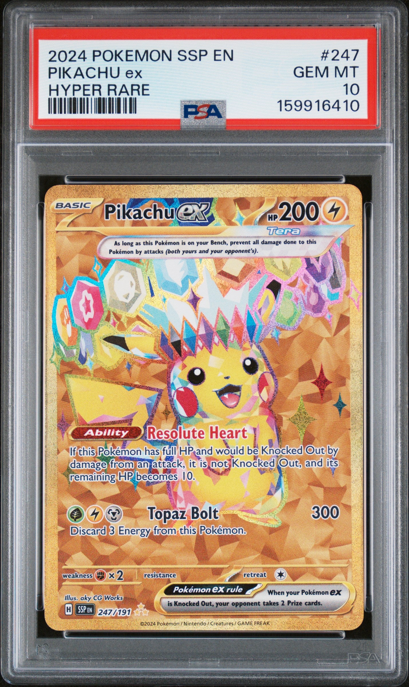 PIKACHU ex HYPER RARE 2024 POKEMON SSP EN-SURGING SPARKS PSA GEM MT 10
