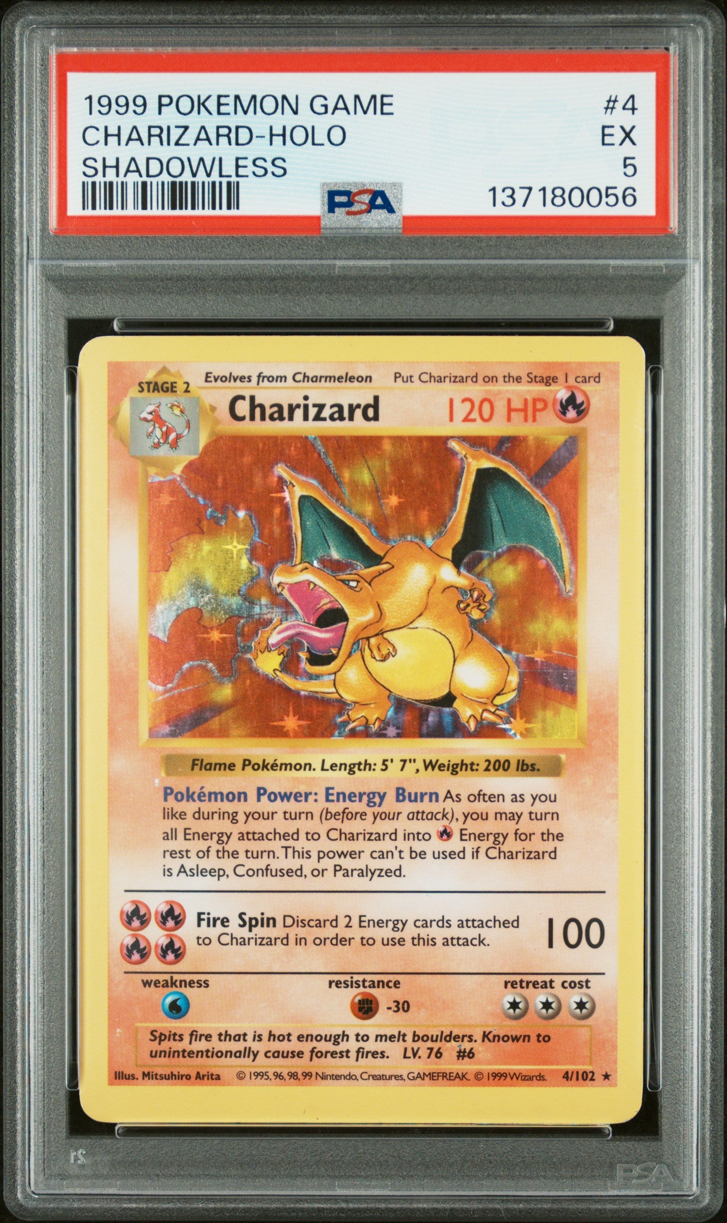 CHARIZARD-HOLO SHADOWLESS 1999 POKEMON GAME PSA EX 5