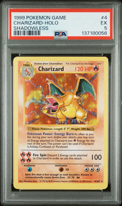 CHARIZARD-HOLO SHADOWLESS 1999 POKEMON GAME PSA EX 5