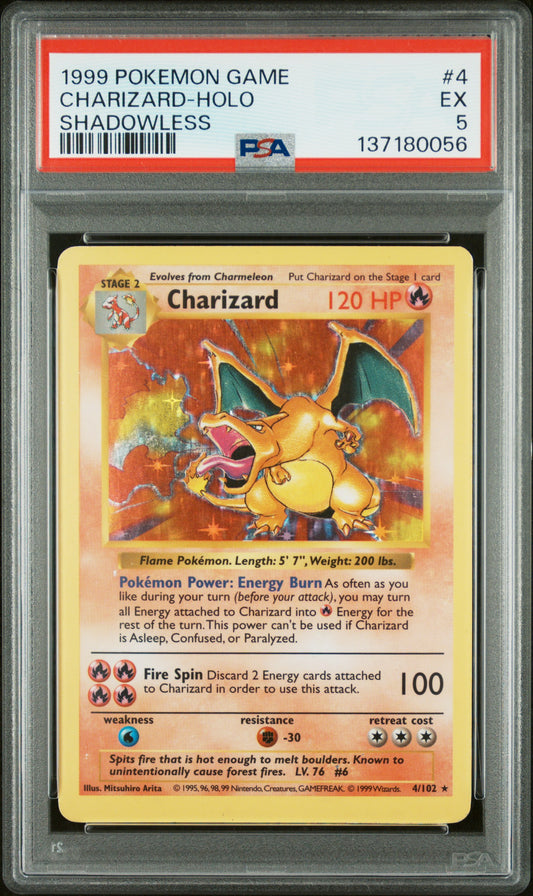 CHARIZARD-HOLO SHADOWLESS 1999 POKEMON GAME PSA EX 5