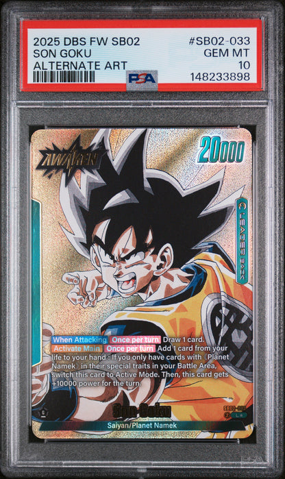 SON GOKU ALTERNATE ART 2025 DRAGON BALL SUPER CARD GAME FUSION WORLD MANGA BOOSTER 02 PSA GEM MT 10