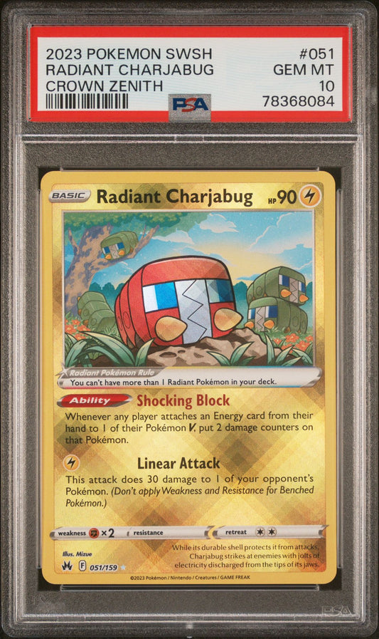 RADIANT CHARJABUG CROWN ZENITH 2023 POKEMON SWORD AND SHIELD CROWN ZENITH PSA GEM MT 10