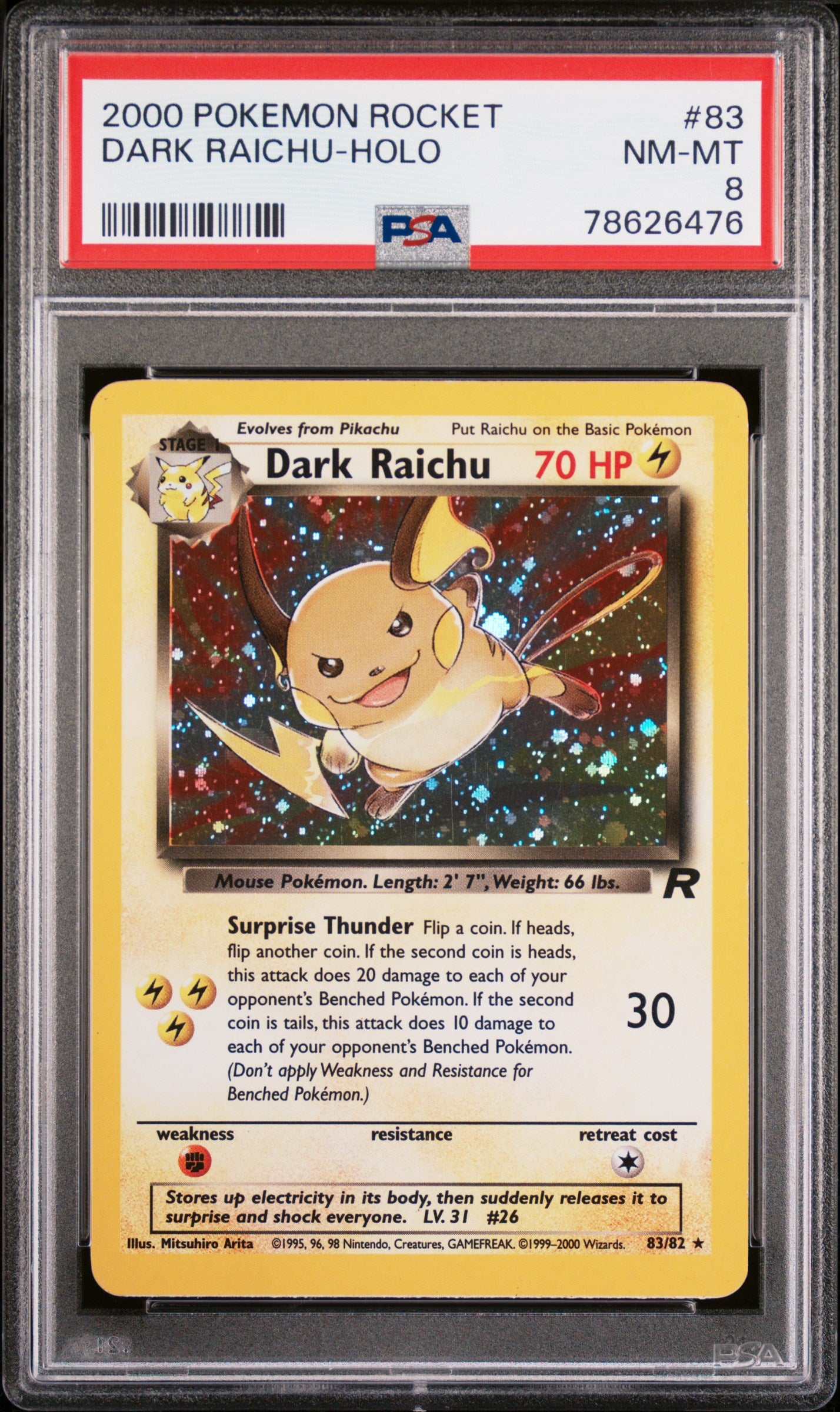 DARK RAICHU-HOLO 2000 POKEMON ROCKET PSA NM-MT 8