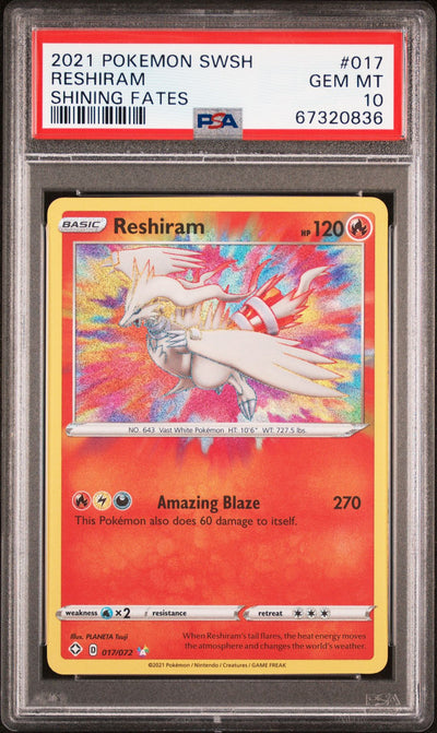 RESHIRAM SHINING FATES 2021 POKEMON SWORD & SHIELD SHINING FATES PSA GEM MT 10