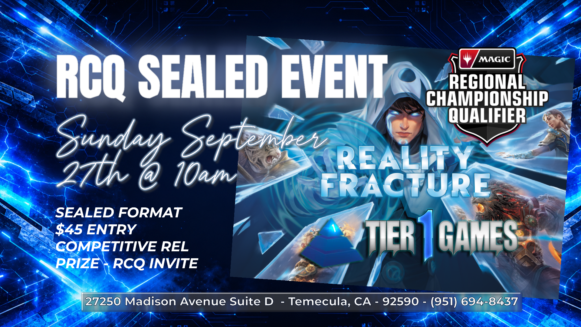 Promotional graphic for an RCQ Sealed Event, featuring Magic: The Gathering Regional Championship Qualifier branding and a large poster-style design for the Tier 1 Games Reality Fracture event. Text includes the date Sunday, September 26th at 10am, sealed format price $45, and prize: RCQ Invite.