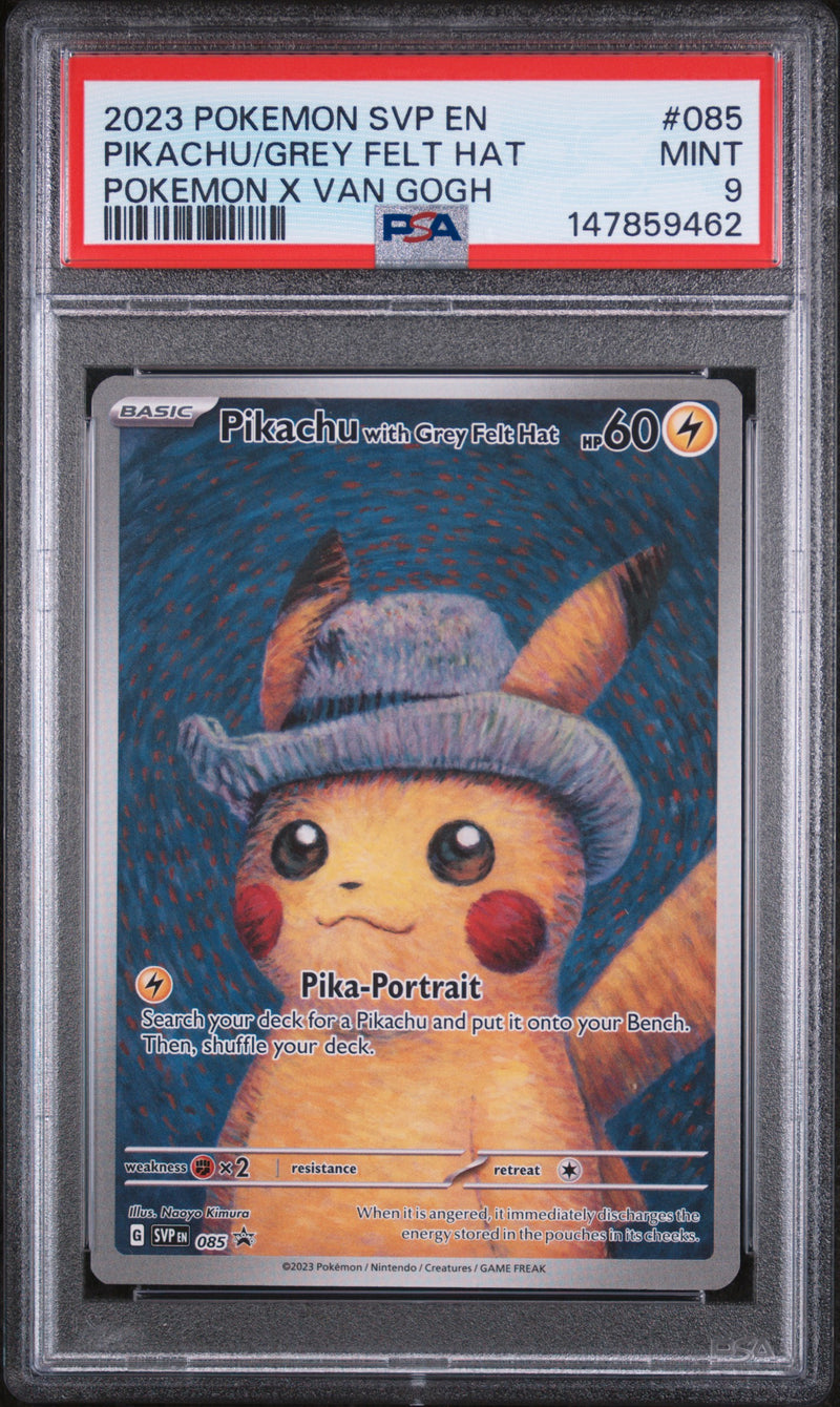 PIKACHU/GREY FELT HAT POKEMON X VAN GOGH 2023 POKEMON SVP EN-SV BLACK STAR PROMO PSA MINT 9