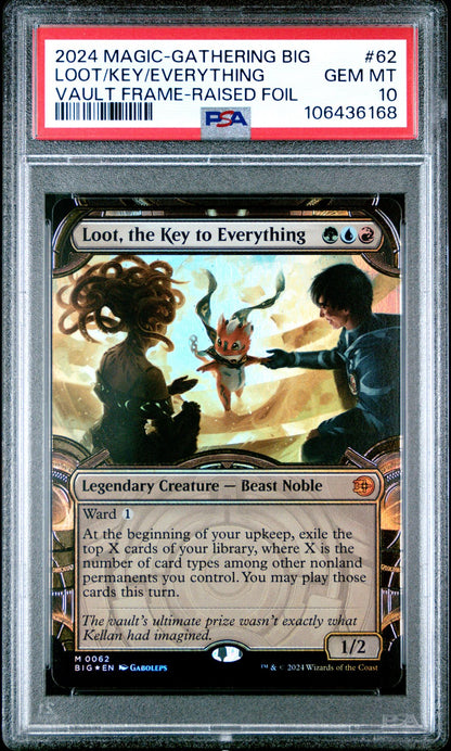 LOOT/KEY/EVERYTHING VAULT FRAME-RAISED FOIL 2024 MAGIC THE GATHERING OUTLAWS OF THUNDER JUNCTION: THE BIG SCORE PSA GEM MT 10