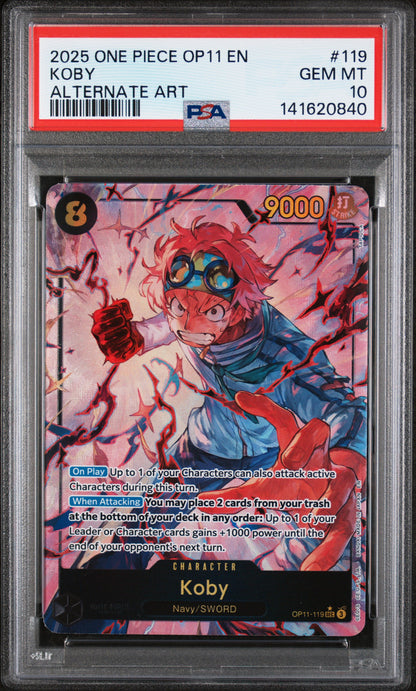 KOBY ALTERNATE ART 2025 ONE PIECE OP11-A FIST OF DIVINE SPEED PSA GEM MT 10