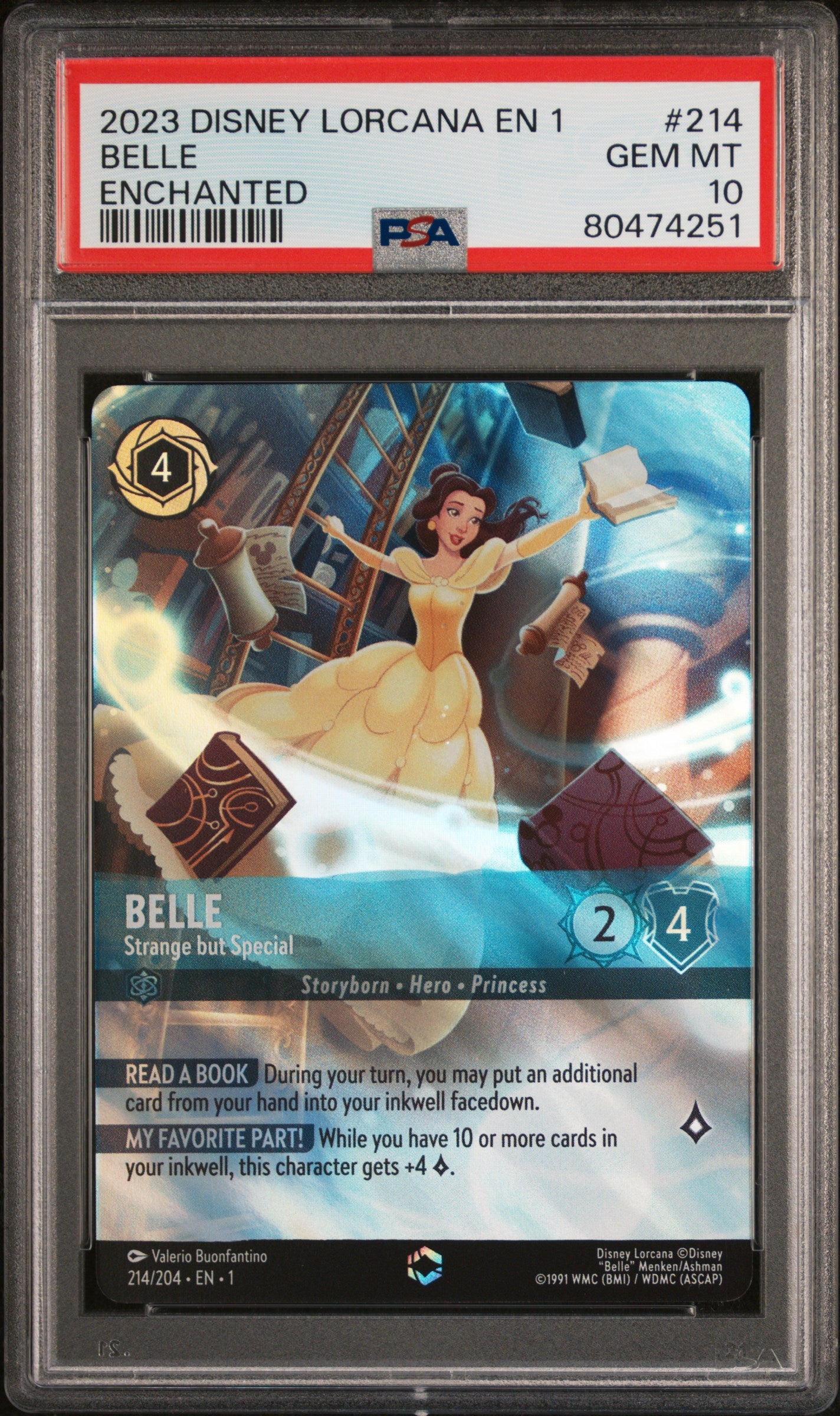 BELLE ENCHANTED 2023 DISNEY LORCANA EN 1-THE FIRST CHAPTER PSA GEM MT 10