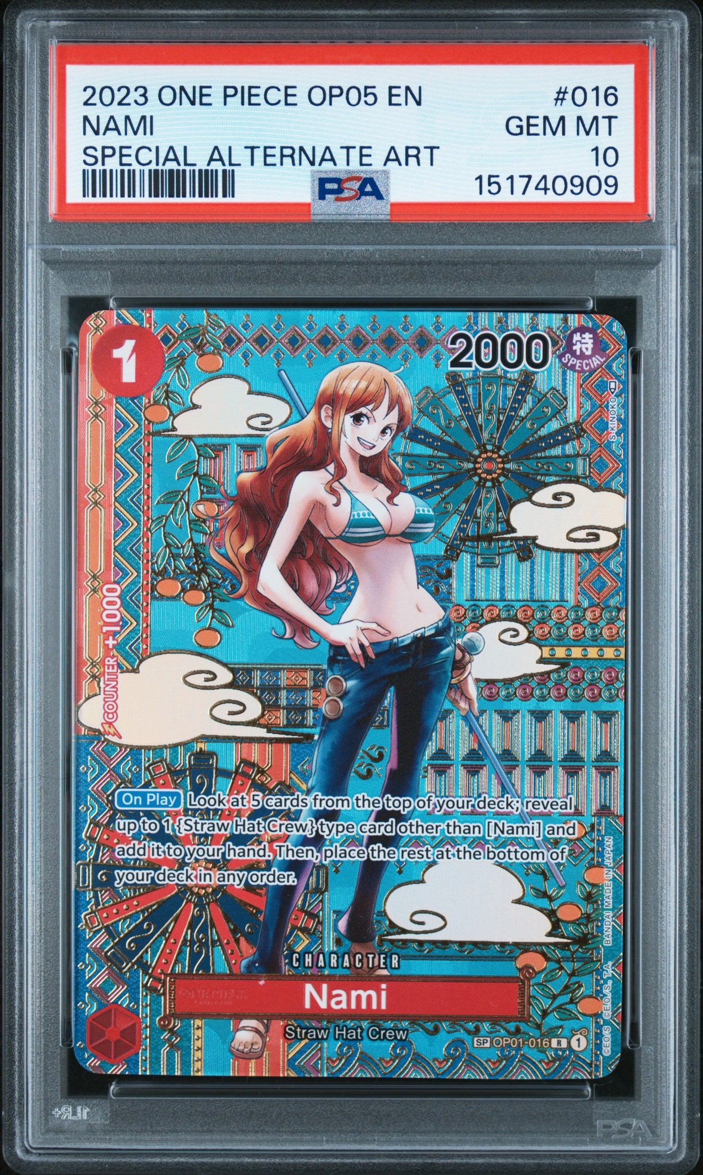 NAMI SPECIAL ALTERNATE ART 2023 ONE PIECE OP05-AWAKENING OF THE NEW ERA PSA GEM MT 10