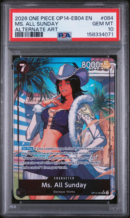 MS. ALL SUNDAY ALTERNATE ART 2026 ONE PIECE OP14-EB04-THE AZURE SEA'S SEVEN PSA GEM MT 10
