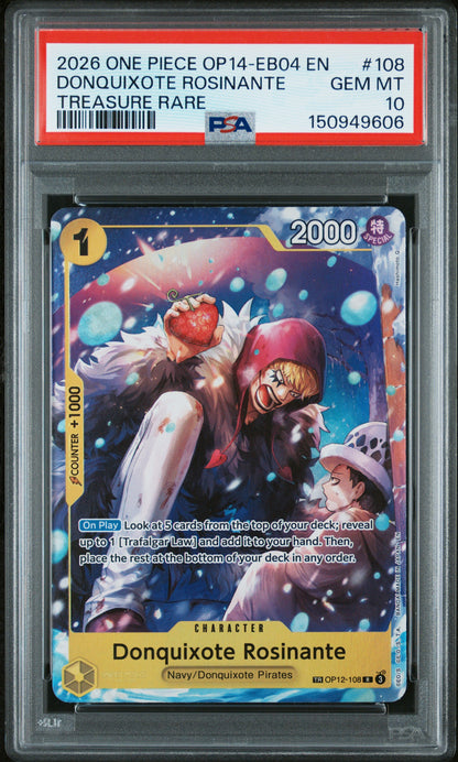 DONQUIXOTE ROSINANTE TREASURE RARE 2026 ONE PIECE OP14-EB04-THE AZURE SEA'S SEVEN PSA GEM MT 10
