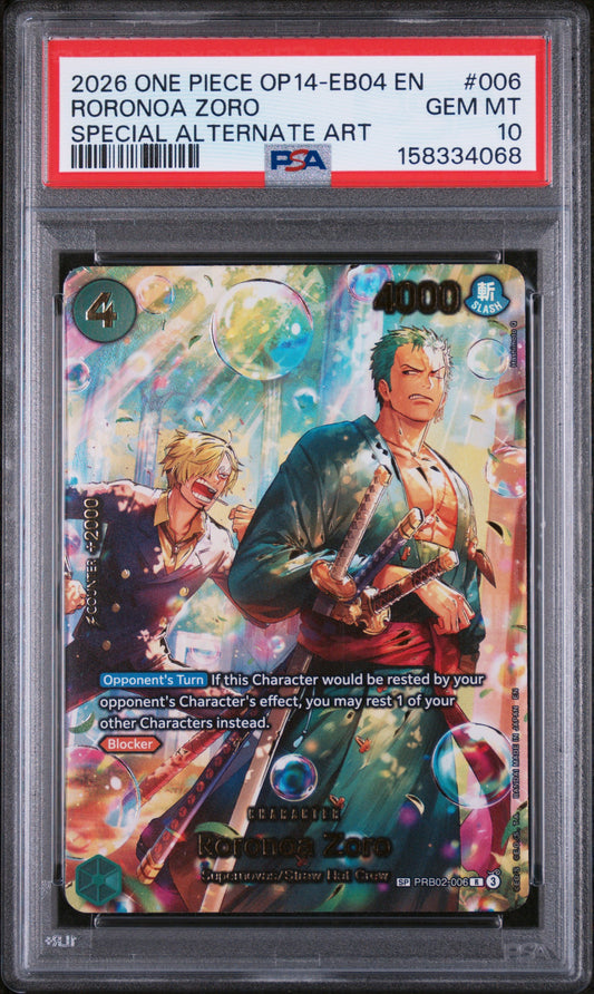 RORONOA ZORO SPECIAL ALTERNATE ART 2026 ONE PIECE OP14-EB04-THE AZURE SEA'S SEVEN PSA GEM MT 10