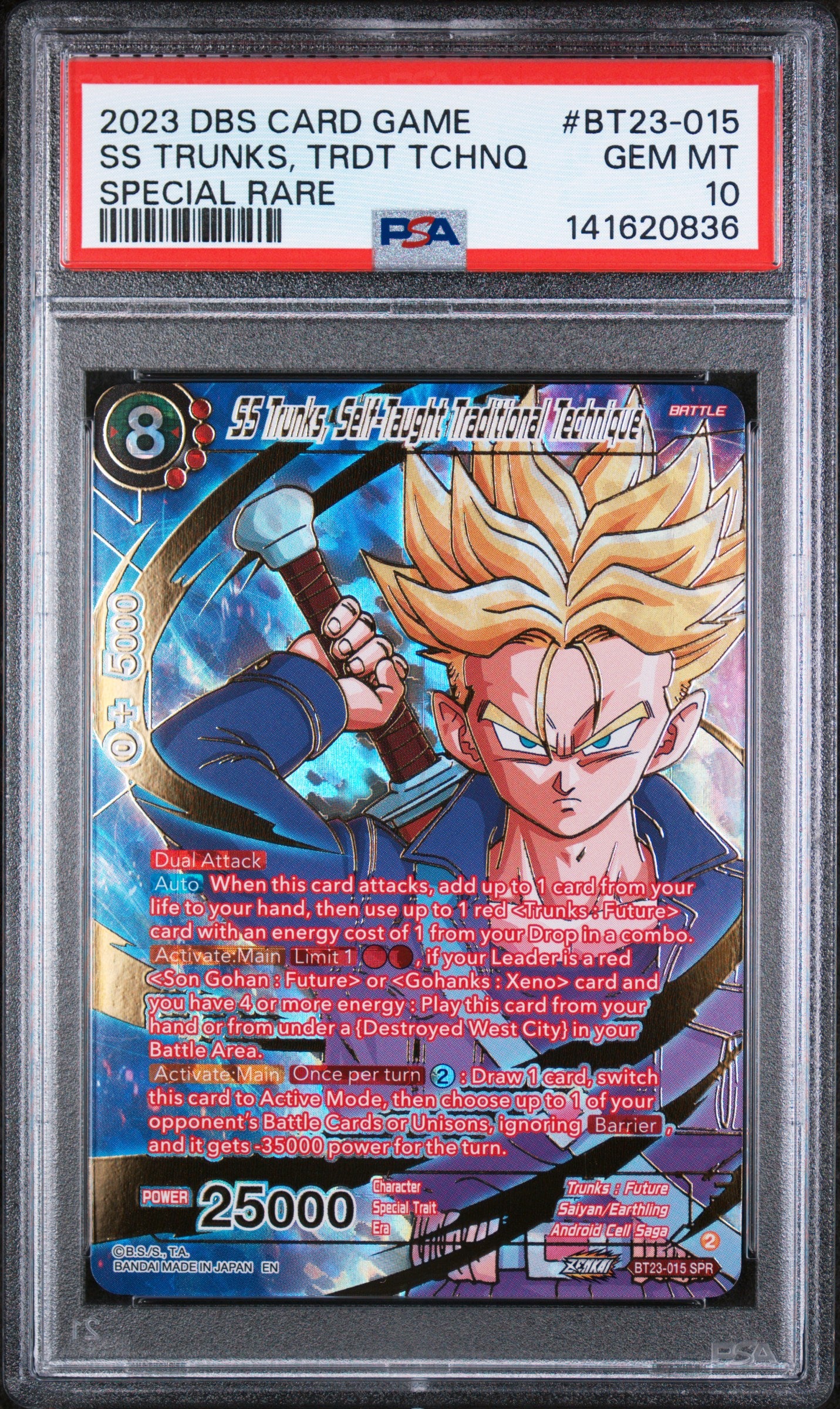 SS TRUNKS, TRDT TCHNQ SPECIAL RARE 2023 DRAGON BALL SUPER CARD GAME SERIES 23 PERFECT COMBINATION PSA GEM MT 10