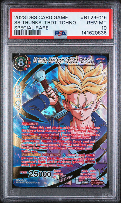 SS TRUNKS, TRDT TCHNQ SPECIAL RARE 2023 DRAGON BALL SUPER CARD GAME SERIES 23 PERFECT COMBINATION PSA GEM MT 10