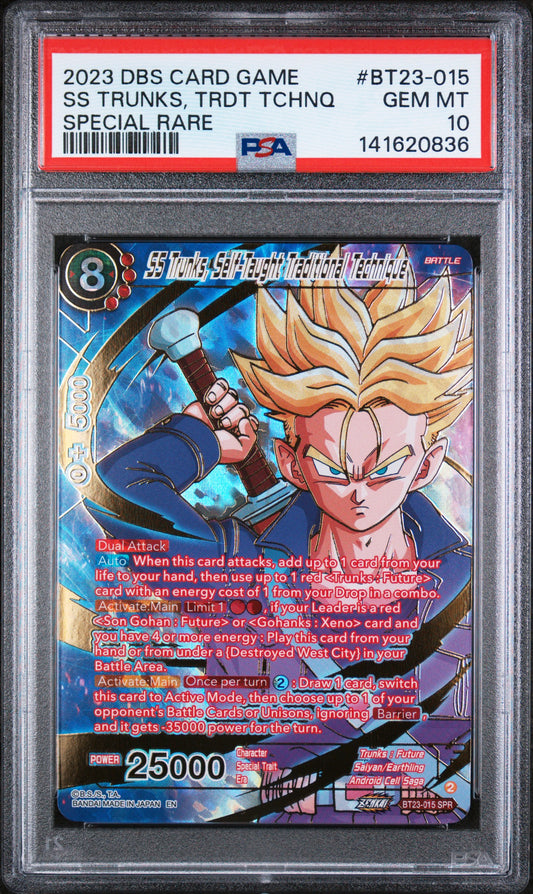 SS TRUNKS, TRDT TCHNQ SPECIAL RARE 2023 DRAGON BALL SUPER CARD GAME SERIES 23 PERFECT COMBINATION PSA GEM MT 10