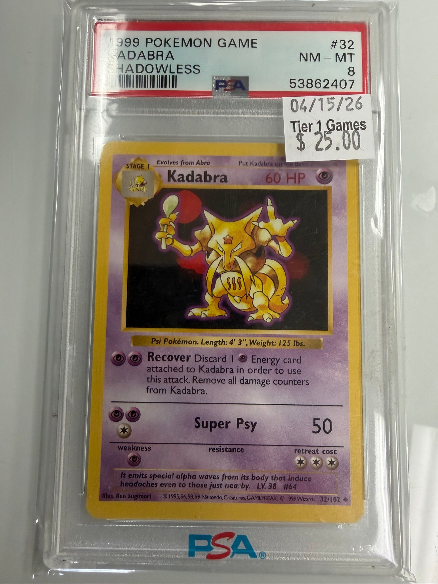 KADABRA SHADOWLESS 1999 POKEMON GAME PSA NM-MT 8
